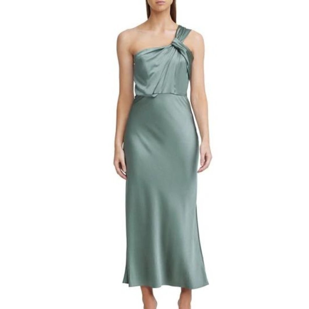 Significant Other Macy One-Shoulder Satin Sage Green Dress Size 10